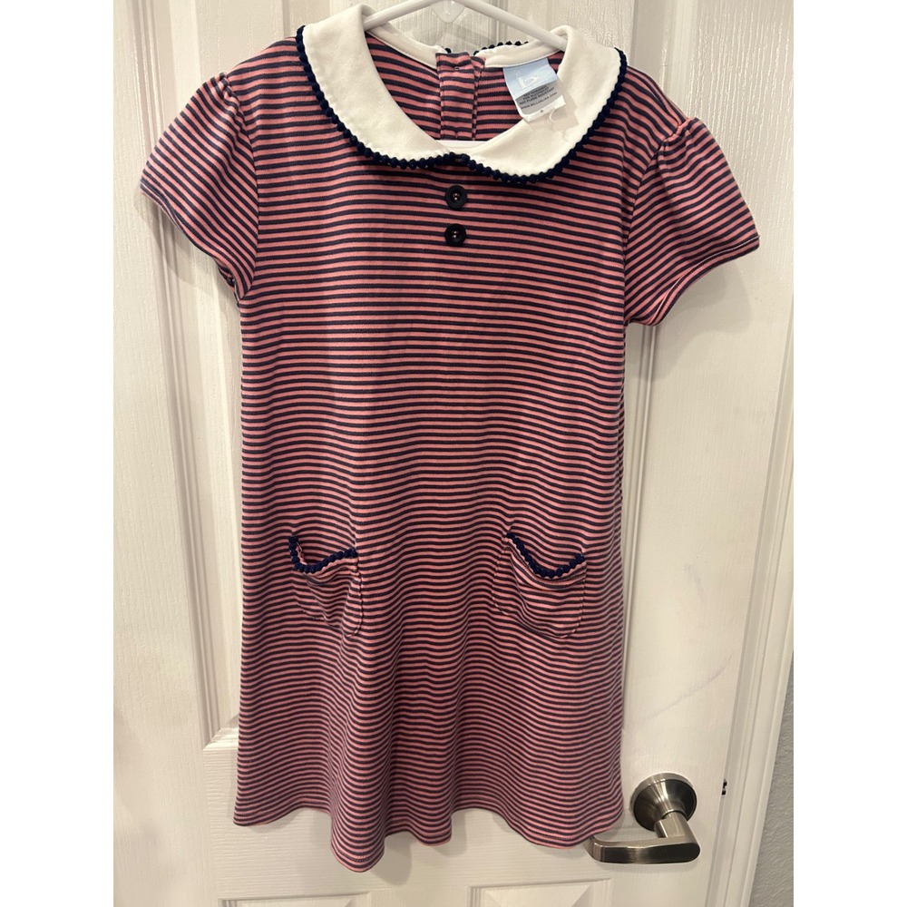 Bella Bliss Dress Pink Navy Blue Striped Peter Pan Collar Pom Pom Trim Girls 8